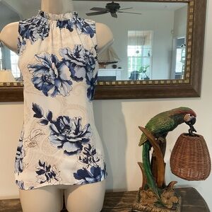 Floral Sleeveless Top - Blue and White